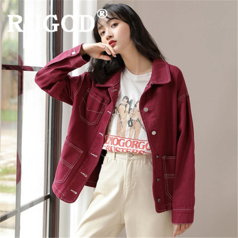 lower price  RUGOD Women basic denim jacket for women turn down collar back pattern slim jean coat new autumn fa
