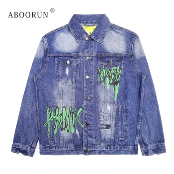 

ABOORUN Distressed Ripped Denim Jackets Men's Hip Hop Printed Denim Jackets Streetwear Cotton Coat Outerwear for Youth