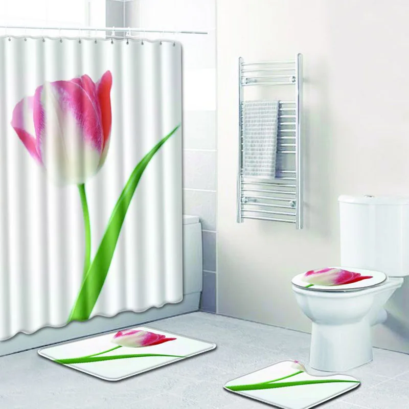 

4pcs/set Modern Simple Flower Print Shower Curtains Bathroom Polyester Waterproof Toilet Seat Cover Non Slip Rugs Carpet