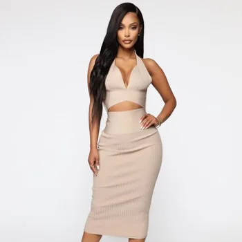 

Girls Two Pieces Solid Knitting Halter Low Back Mid Calf Midi Gown Party Dress
