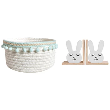

3 Pcs Accessories: 1 Pcs Round Cotton Rope Storage Basket (Blue) & 2 Pcs Wooden Bookends Home Decoration White