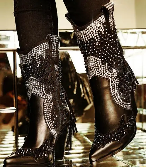 

Winter Hot Woman Fashion Black Rivets Fringed Mid-calf Boots Bling Chunky Heels Slip On Pointed Toe High Heels Short Boots Shoes