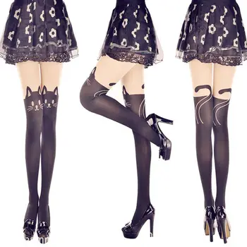 

Women‘s splicing silk stockings cartoon printe'd pantyhose fake high stocking cat pattern splicing tight pantyhose girls