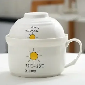 

Ceramic Instant Noodle Bowl Instant Noodle Cup with Lid Large Soup Bowl Cute Cartoon Household Rice Bowl Cup Bowl Cutlery Set