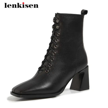

Lenkisen 2020 work boots genuine leather cross-tied gorgeous square toe thick high heel zipper office lady dress ankle boots L01