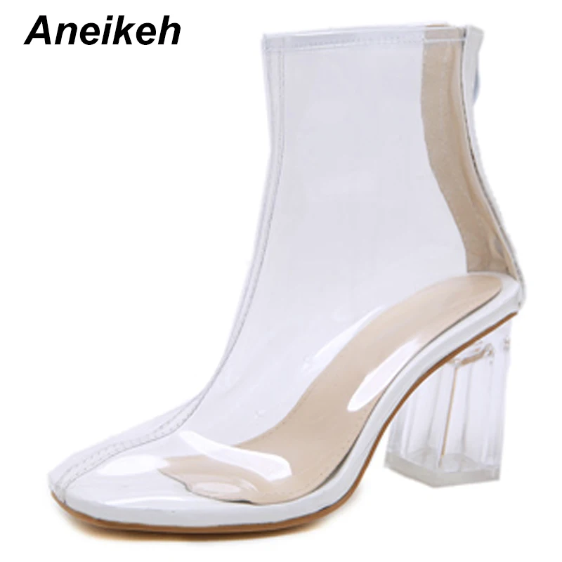 White Aneikeh/ г. Лаконичные женские ботинки из ПВХ прозрачные ботильоны на высоком квадратном каблуке пикантные босоножки на молнии светло-желтые Размеры 3-9 - Цвет: White