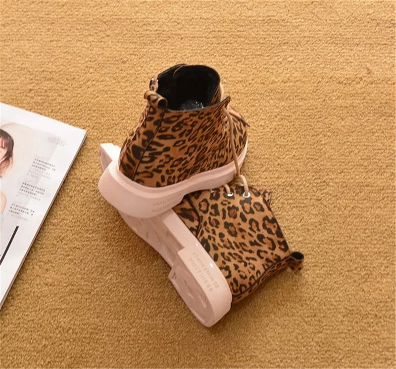 Fashion Leopard  Winter Brand Women Shoes Round Toe Lace-Up Ankle Boots Zipper Low-heel Casual Lady Flat Platform Boots Sneakers (6)