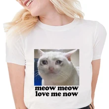 Милые футболки для женщин с изображением кота, мяу, мяу, люблю меня, Харадзюку, мягкие хлопковые футболки с графическим рисунком, женские белые топы с рисунком