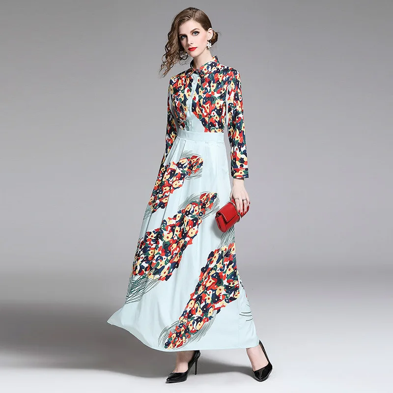 

7903 # Europe And America Versitile Fashion Waist Hugging Slimming Versatile Positioning Floral Printed Dress