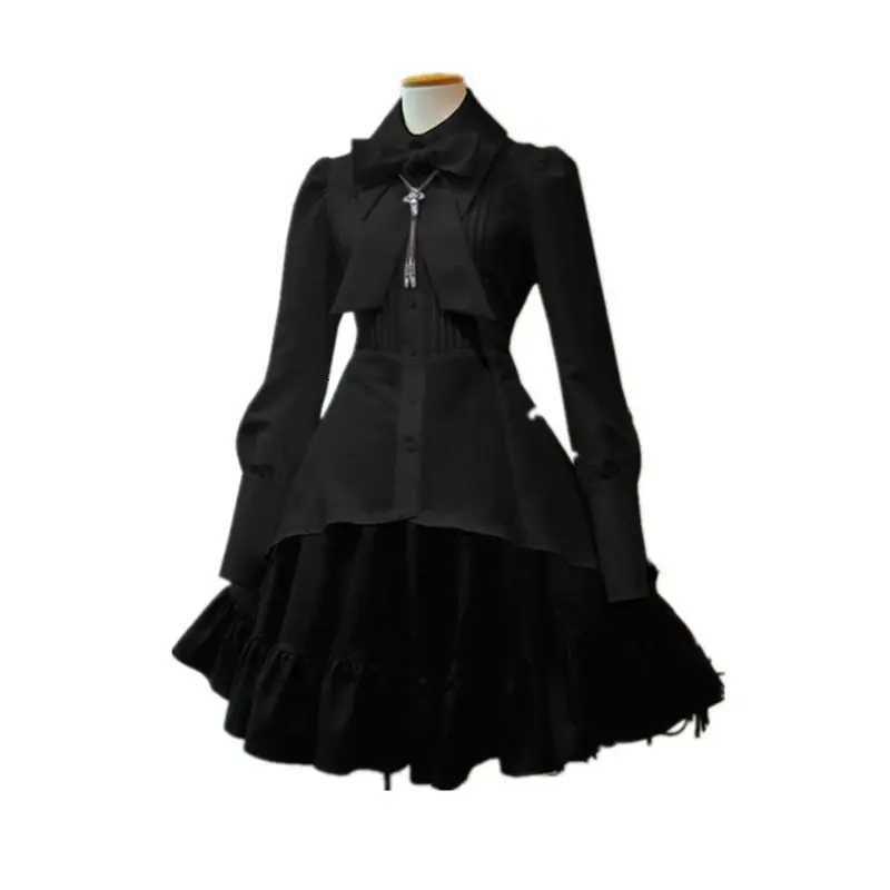 Элегантное женское черное готическое вечернее платье в стиле "Лолита", большой размер, воротник с бантом, плиссированное, на шнуровке, готическое винтажное белое шикарное платье