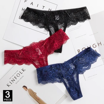 

Thongs Woman Sexy Lace Panties Underwear Transparent Underpants Solid Color Floral G-string Female Panty 3 Pcs/set Dropshipping