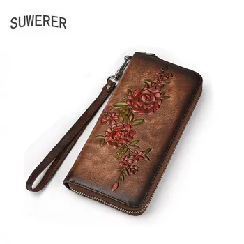 

SUWERER New Retro fashion leatehr wallets women Genuine Leather bag luxury women clutch bag Long wallet