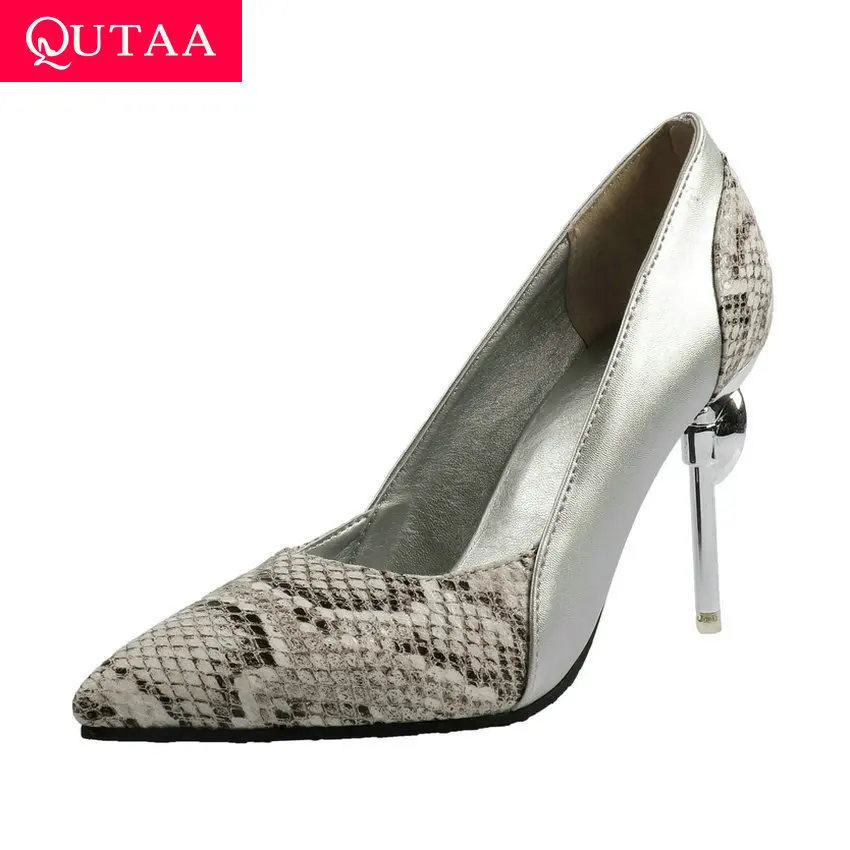 

QUTAA 2020 Sexy Pointed Toe Ladies Stilettos Thin High Heel Single Shoes Mixed Color Snakeskin PU Slip on Women Pumps Size 34-43