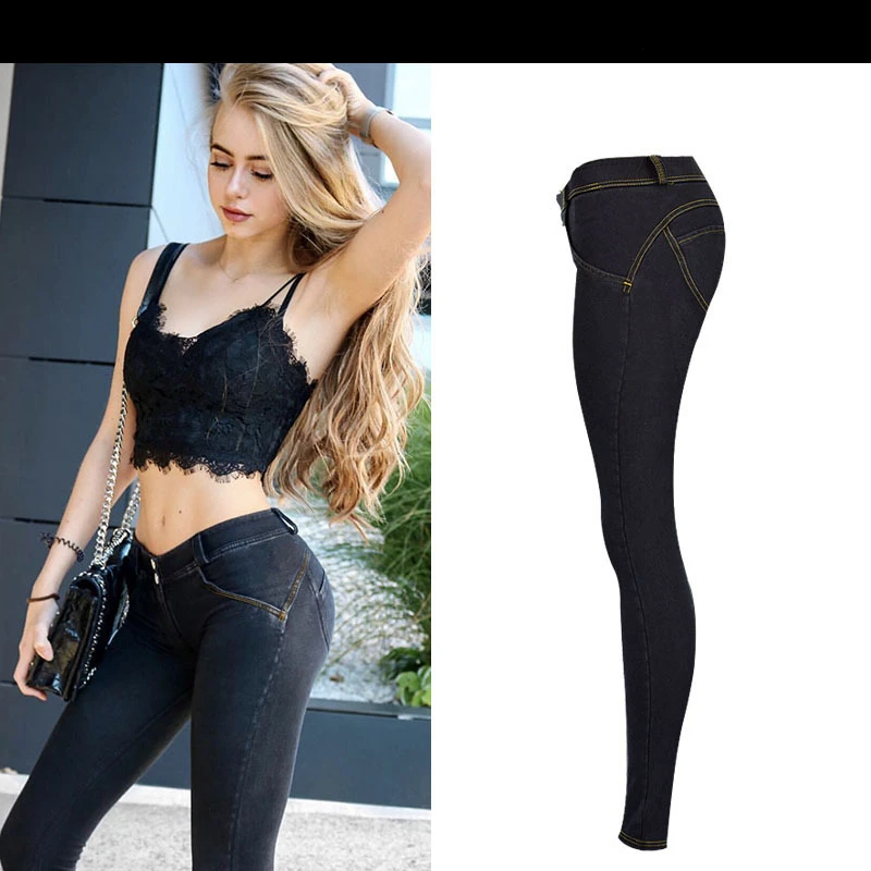 Autumn and winter super popular pink hip jeans female fitness pure black super elastic comfortable low waist denim trousers K169
