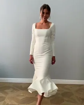 

White Boho Bridesmaid Dress For Wedding Long Sleeves Mermaid Simple Tea Length Wedding Party Guest Gowns