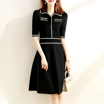 

TVVOVVIN NEW 2020 Summer Fashion Vintage Turn-down Collar Short Sleeve Knitting Girl Female Dress Dresses Geometric N002