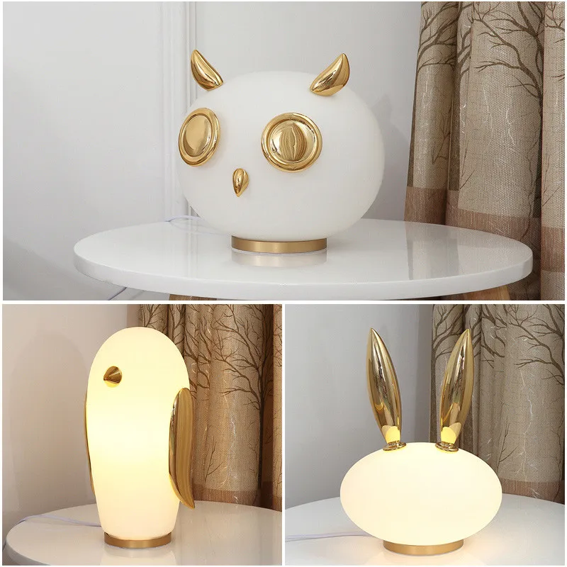 ^*Best Offers Nordic Creative Animal Glass Table lamps Modern Lovely Owl penguin rabbit Model LED Reading lamp Cute Bedside Bedroom Study Bar