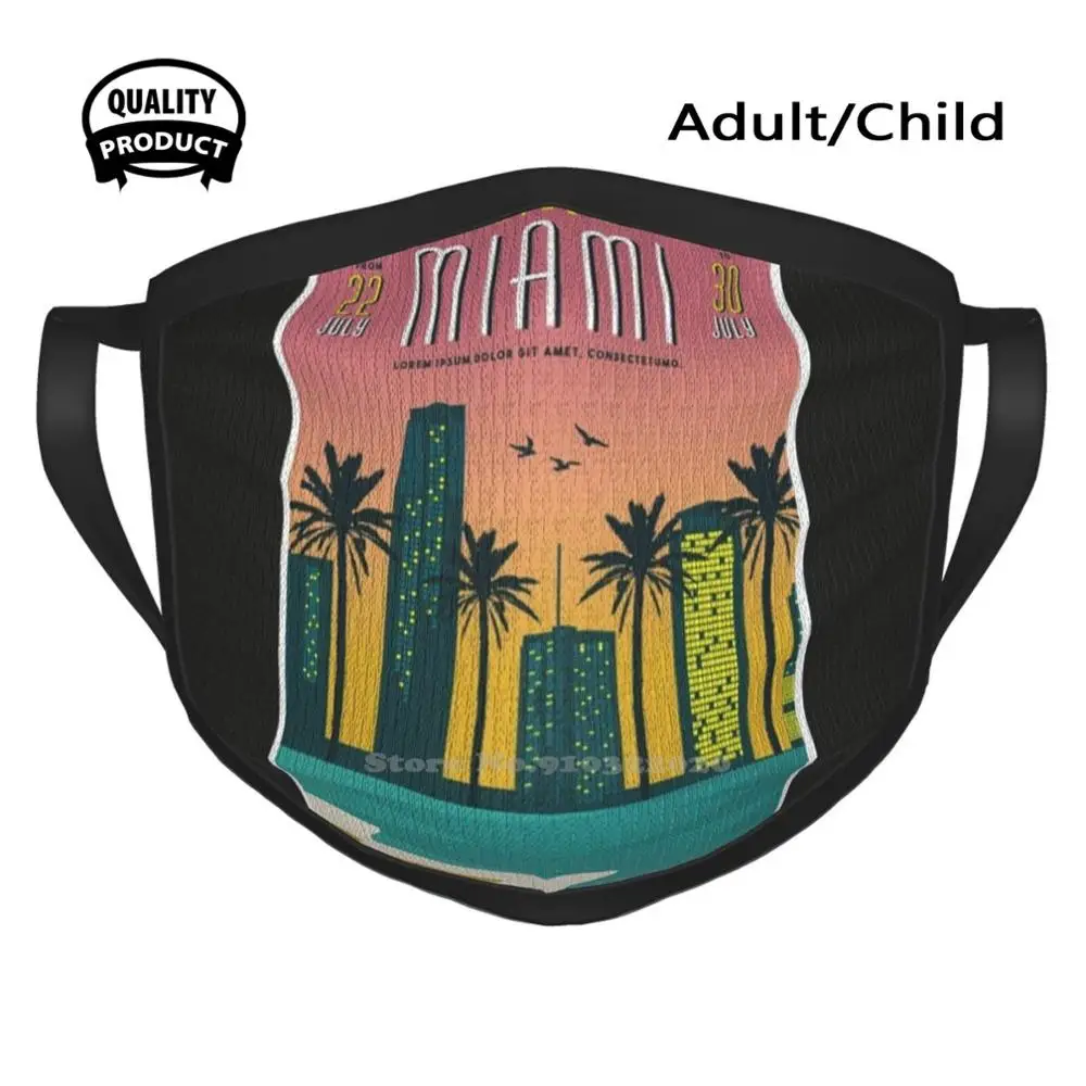 

Miami City Washable Breathable Reusable Masks Miami Beach Florida Sun Ocean Summer California Cool Orlando Retro Sea 80S
