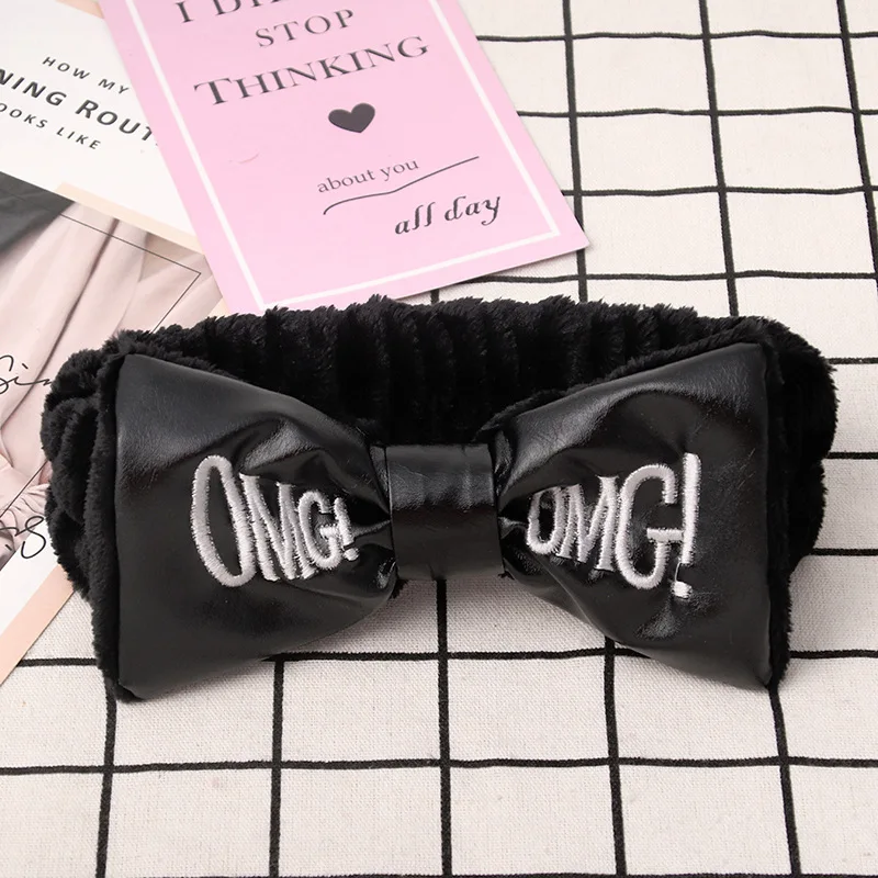 black PU hairband Лидер продаж, женские повязки на голову omg, повязка для макияжа, эластичная бархатная повязка на голову с бантом, коралловый флис, модные аксессуары для волос для девушек - Цвет: black PU hairband