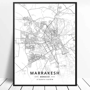 

Marrakech, Morocco, Black and White Map of Latitude and Longitude Line Decoration Painting Living Room Room Canvas Painting