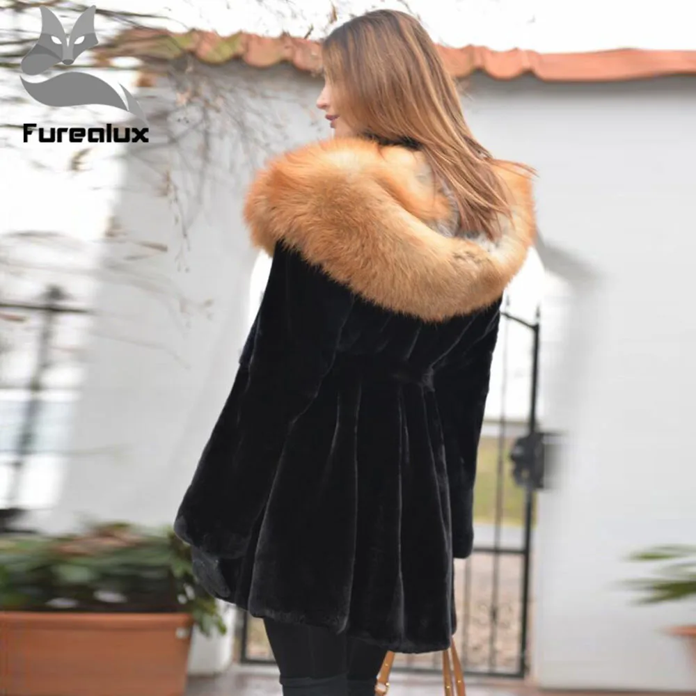 Furealux женская натуральная шиншилла кролик рекс шуба куртка с лисьим меховым капюшоном и поясом Рекс кроличий мех теплая зимняя куртка