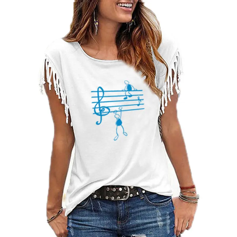 2021 Fashion Music Notes Woman T Shirt Print Fit Ladies Casual Cotton Tassel Short Sleeve O-neck T-shirt 5