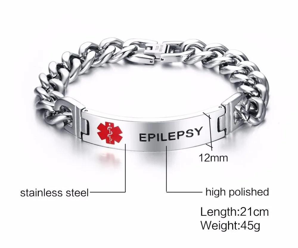 Mens Medical Alert ID Bracelets Stainless Steel Link Chain Wrist EPILEPSY 14