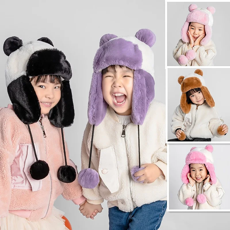New Design Kids Thick Warm Children Hat Boys Girls Soft Plush Patchwork Winter Hats And With Fur Ear Cap With Fleece Ball