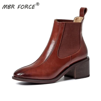 

MBR FORCE Spring and Autumn Retro Fashion Ankle Boots slip-on high heels elegant Women Ladies Shoes Woman Large Size dress brown