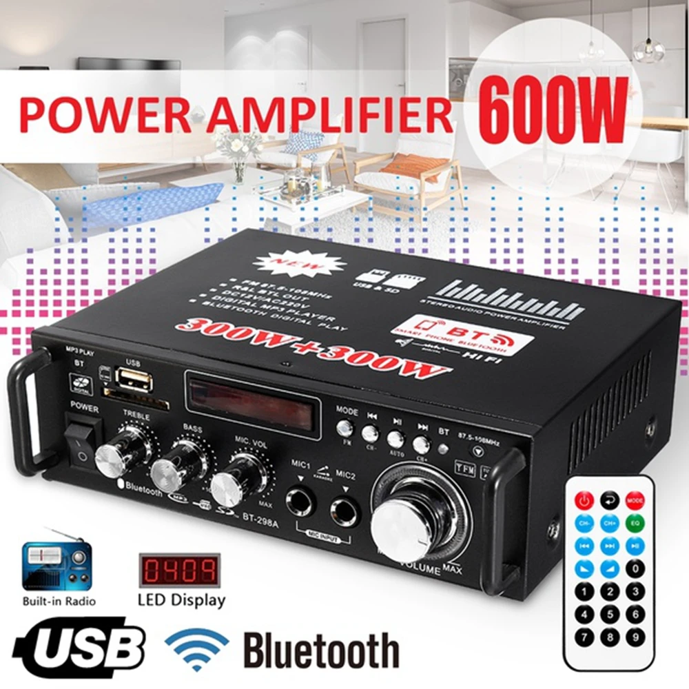 2021 New 110V/220V 600W Bluetooth USB HiFi Stereo Digital Home Car Amplifier With Remote Control USB SD FM Mic Car Home