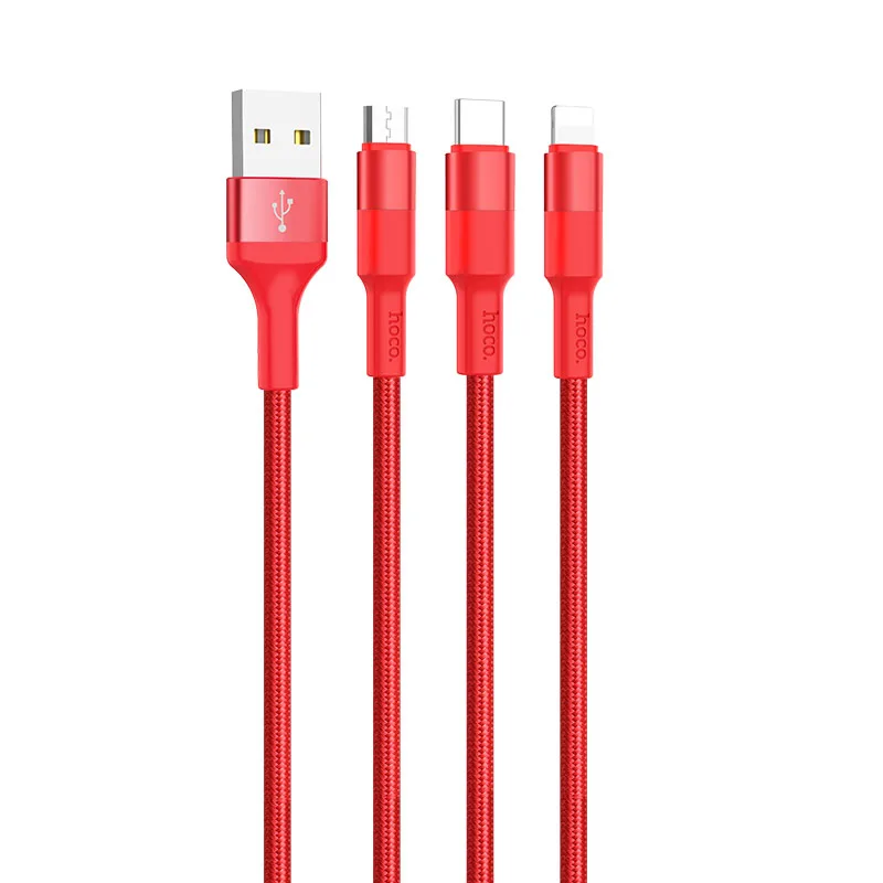 Red HOCO X26 30 шт./лот,, три в одном, 1 м, нейлоновый USB кабель для iPhone, кабель типа C, микро кабель для samsung USB-C, зарядка - Цвет: Red