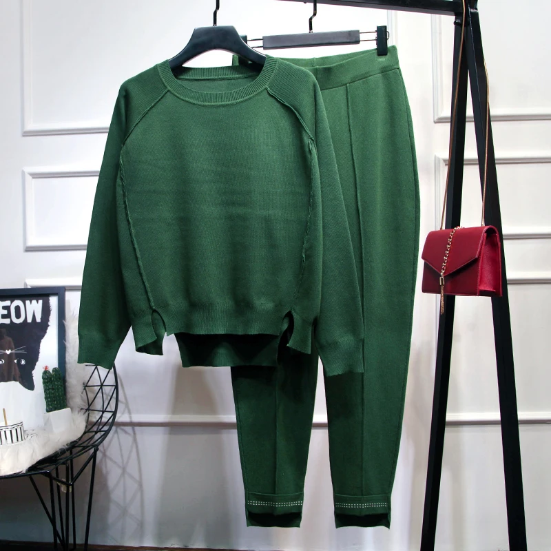 Зимний шерстяной кашемир вязаный теплый костюм Высокий воротник твист вязаный свитер+ кашемировые брюки Досуг Нерегулярные из двух частей - Цвет: Army Green