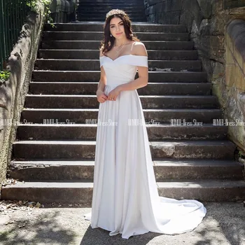 

Strapless Wedding Dresses 2020 White Satin Bridal Dress With Train Off The Shoulder Lace Up Back Long Prom Gown