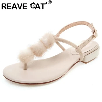 

REAVE CAT 2020 Summer Furry Heeled Sandals Sandwich Toe Square Heels Straight buckle Mink hair Big size 32-43 Leisure A2919