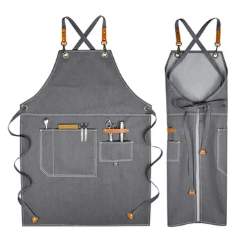 

Gray Denim Apron Crossback Strap Waitstaff Barista Bartender Pastry Chef Uniform Florist Floral Designer Painter Work Wear E48