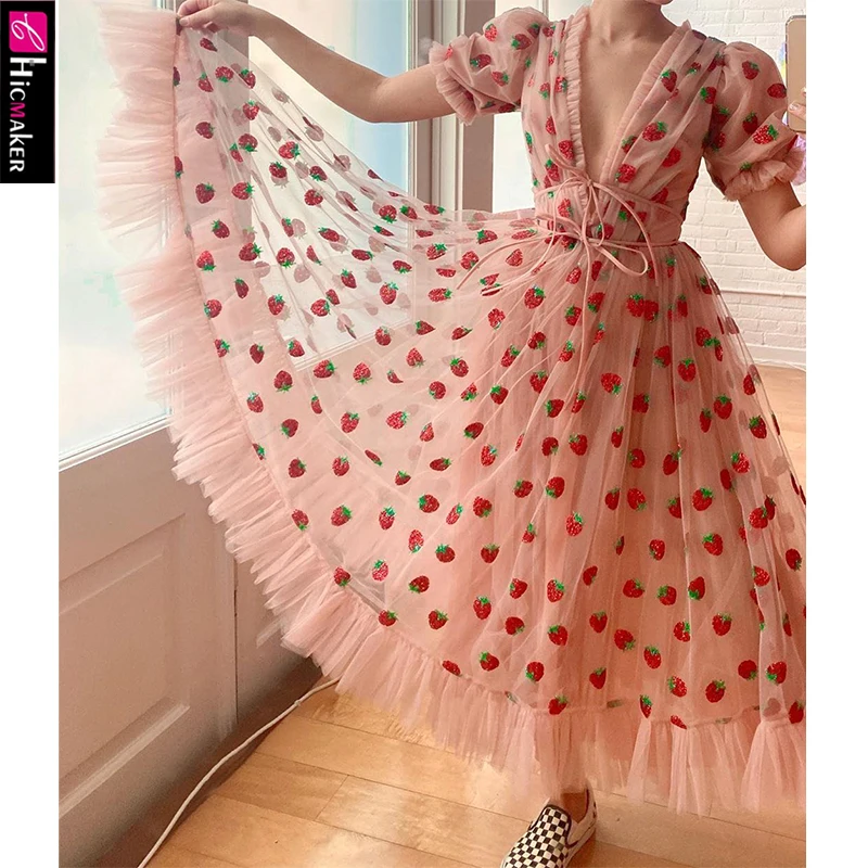 

Women Strawberry A-Line V-Neck Ankle-Length Short Sleeves Pretty Prom Cascading Ruffle Elegant Party Vestido