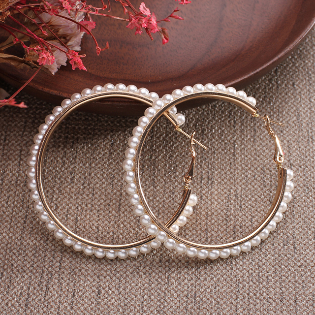 Plain Gold Color Metal Pearl Hoop Earrings Fashion Big Circle Hoops Statement Earrings for Women Party Jewelry