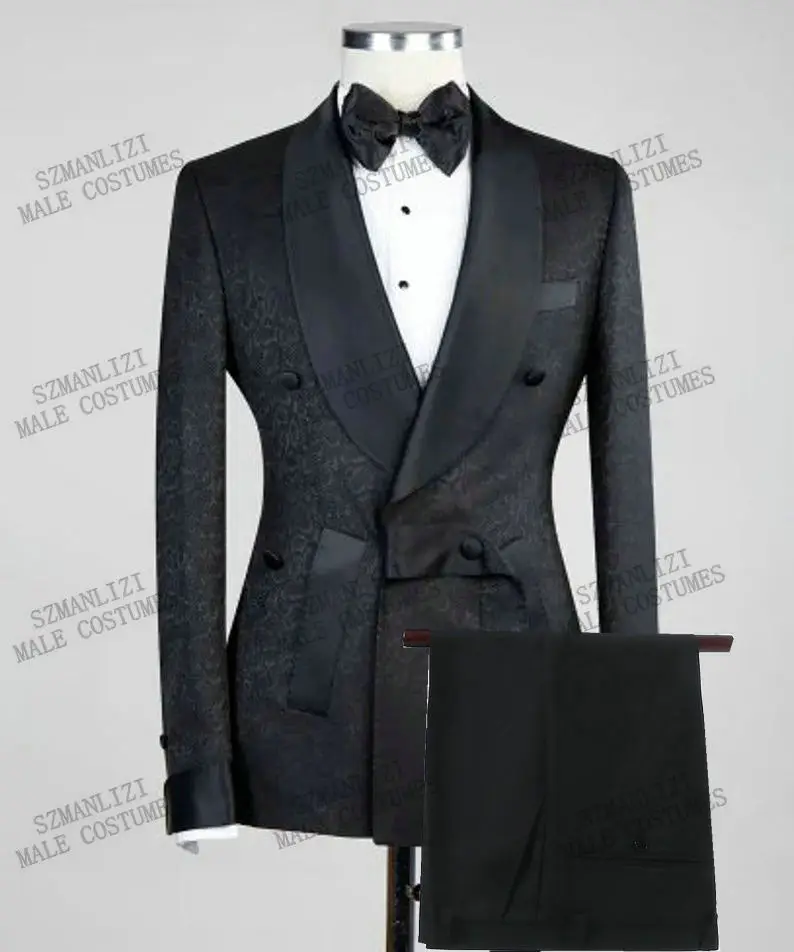 Fashion Design Black Floral Mens Wedding Suit Double Breasted Slim Fit Prom Groom Tuxedo Bridegroom Best Man Blazer Pants
