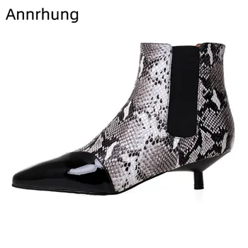 

Serpentine Patchwork Ankle Boots Women New Autumn Bottes Cozy Slip On Kitten Heel Square Toe Boots Genuine Leather Short Botas