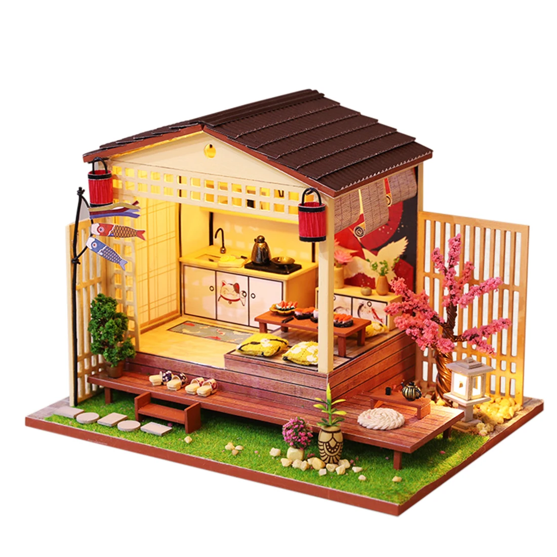 

DIY Cabin Assembled Toy Model Set Villa Wooden Crafts Assembly House Model Gift with Light and Dust Cover Japanese Style Cottage