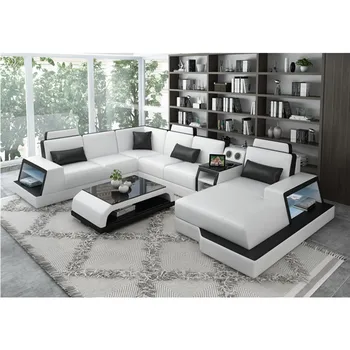 

black and white U shape LED light audio leather modern sofa