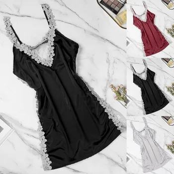 

New Style Women Sexy Lingerie Sleepwear Solid V-neck Sleeveless Backless Embroidery Nightwear Lace Underwear Ladies Nightdress