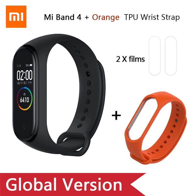 Add Orange strap Глобальная версия, Xiaomi mi-браслет 4 mi Band 4, музыкальный цветной экран, фитнес-частота сердечных сокращений, Bluetooth 5,0, умные часы, Russina - Цвет: Add Orange strap
