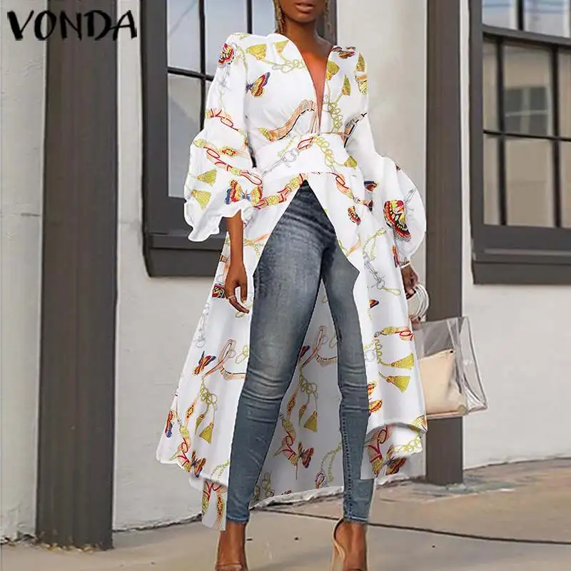 

VONDA Women Long Blouse Bohemian Lantern Sleeve High Split Dress Plus Size Tops 2020 Vintage Print Tunic Shirts Blusas Feminina