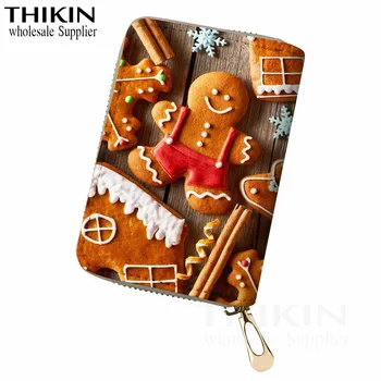 

THIKIN Christmas Gingerbread Man Print Women Leather Business Cards Holder Credit Card Cover Bags Cute Cartoon Ladies Money Bag