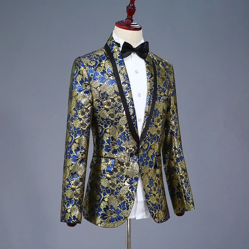 Модный очаровательный мужской костюм, повседневный тонкий золотой инкрустированный синий жаккардовый мужской костюм с вышивкой и отворотами на одной пуговице(пальто+ брюки
