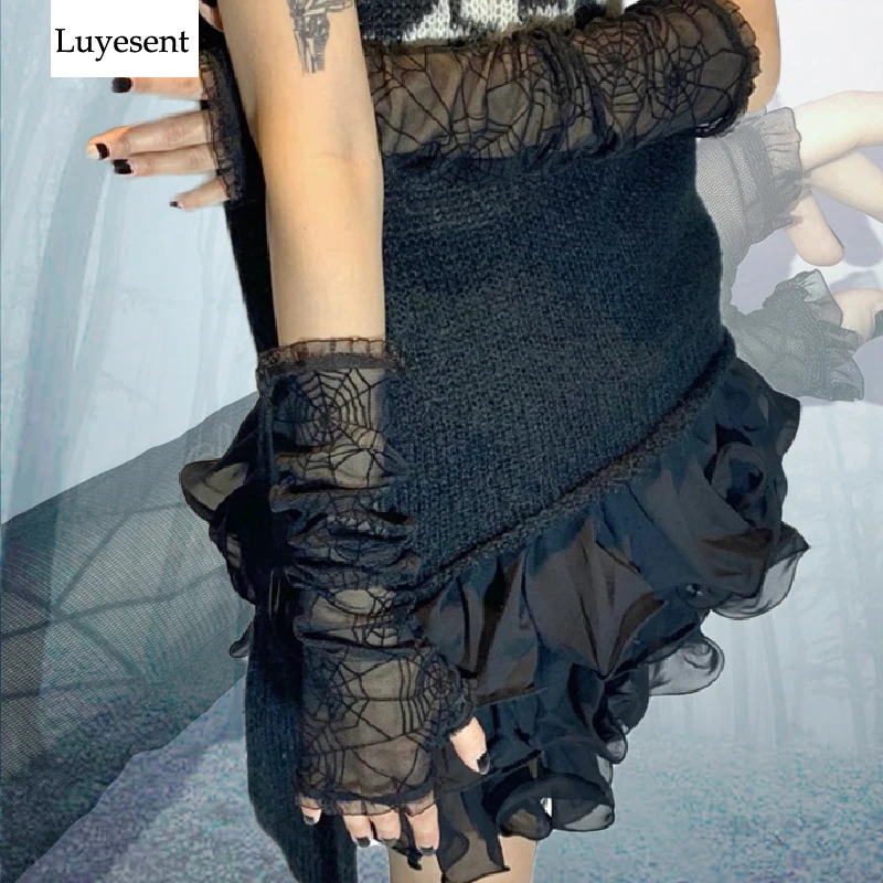Punk Black Gothic Women Mesh Transparent Glove Fingerless Cuff Cobweb Lace Mitten 2020 Cool Halloween Rock Party Hip-hop Gloves