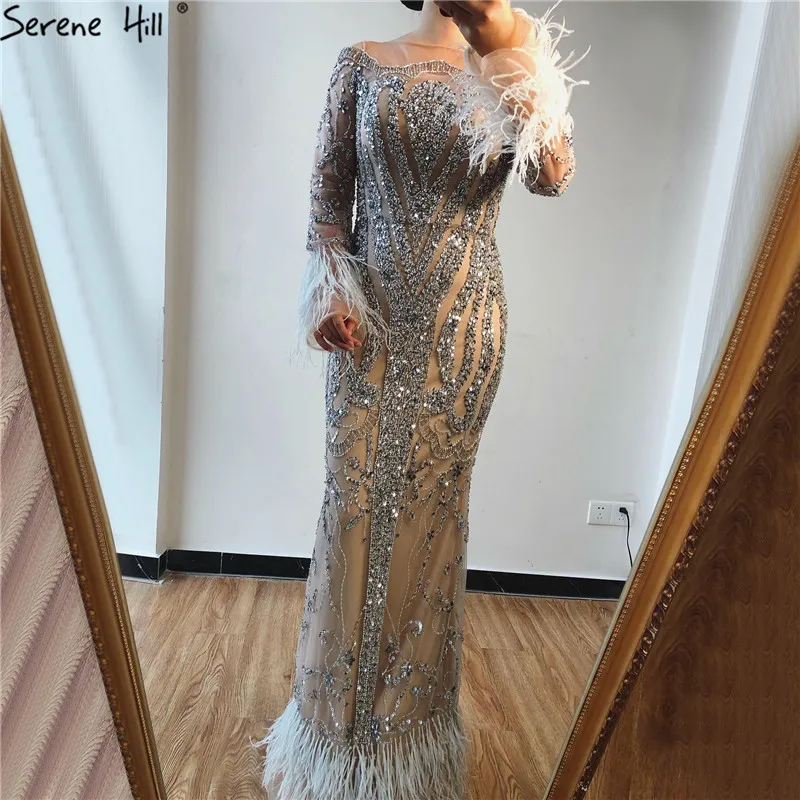 

Dubai Luxury Grey Nude Mermaid Prom Dresses Long Sleeve Feathers Sequined Prom Gowns 2019 Serene Hill BLA60932