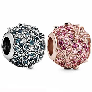 

New 925 Sterling Silver Bead Charm Pave Teal & Rose Pink Daisy Flower With Crystal Beads Fit Bracelet Bangle Diy Jewelry