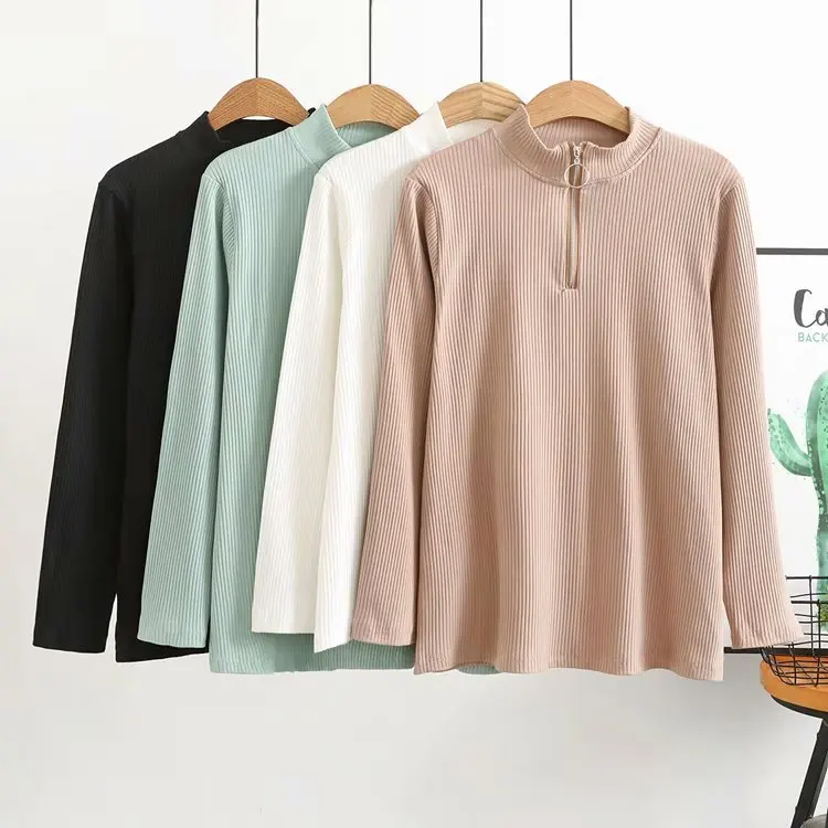 

2020 Spring Slim Fit Slimming Women's Autumn Versatile Korean-style Base Shirt Pullover Half-Turtle-Neck Elasticity Sunken Strip